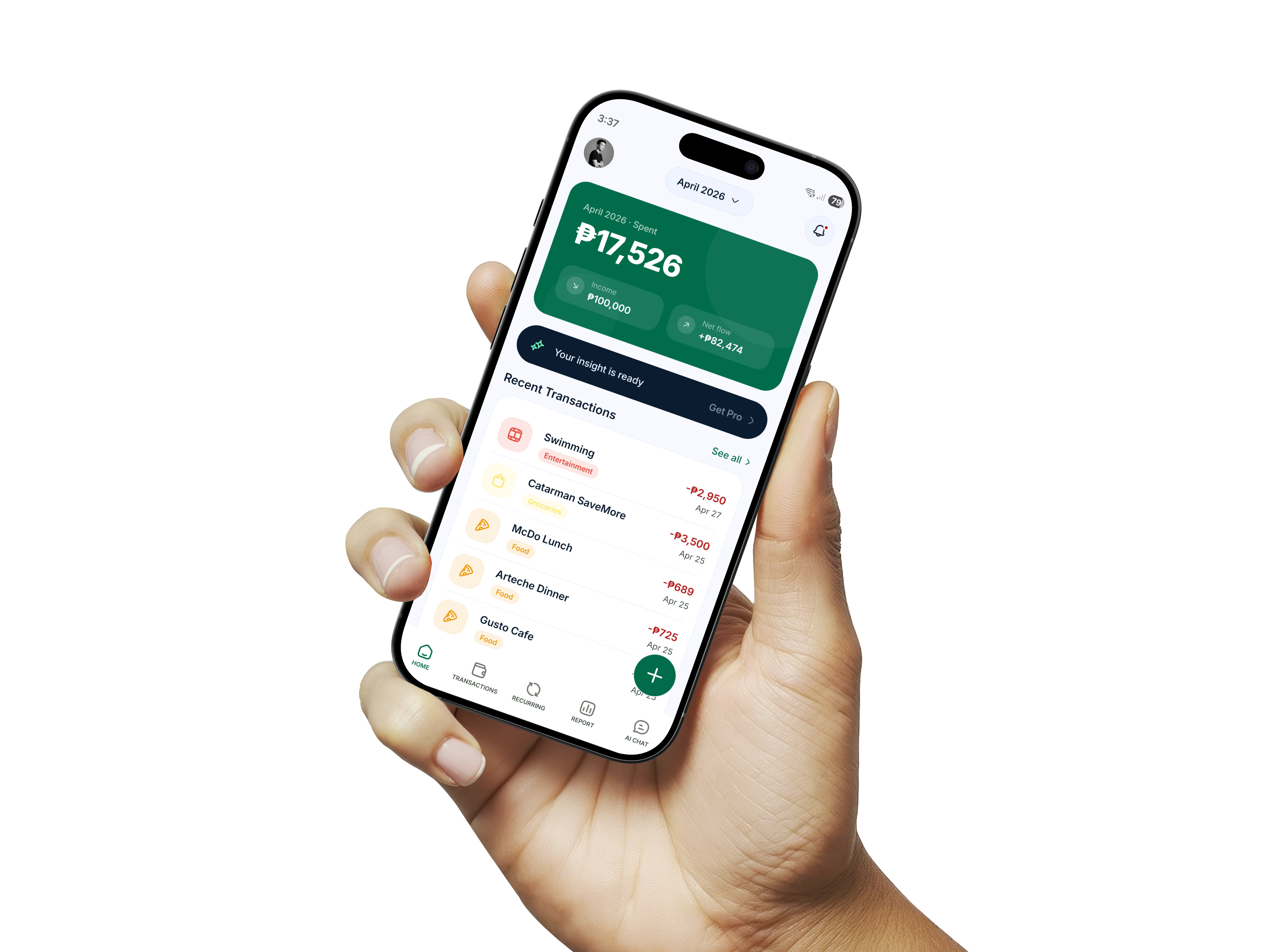 Monnei mobile app dashboard showing monthly spending, category breakdown, and budget progress
